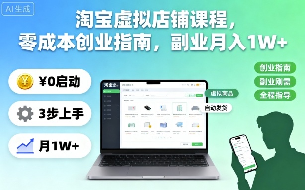 淘宝虚拟店铺课程，零成本创业指南，副业月入1W+-37网创