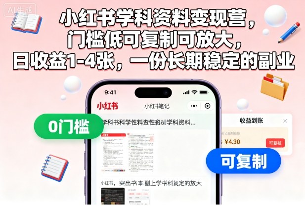 小红书学科资料变现营，门槛低可复制可放大，日收益1-4张，一份长期稳定的副业-37网创